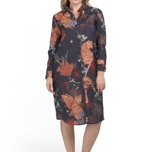 NEW 🐯 LAS SURENAS Tiger print Elegant Navy and Red Printed Midi Shirt Dress